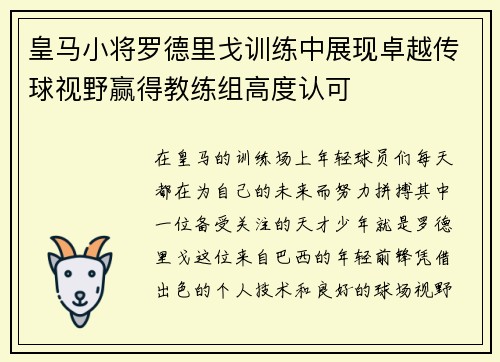 皇马小将罗德里戈训练中展现卓越传球视野赢得教练组高度认可 皇马小将罗德里戈训练中展现卓越传球视野赢得教练组高度认可