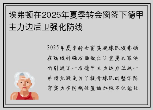 埃弗顿在2025年夏季转会窗签下德甲主力边后卫强化防线