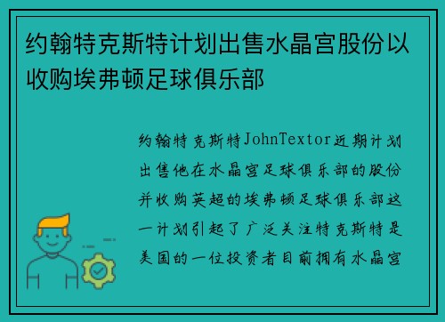 约翰特克斯特计划出售水晶宫股份以收购埃弗顿足球俱乐部